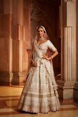 Ivory Tafetta Lehenga Choli Set with Two Tulle Dupattas