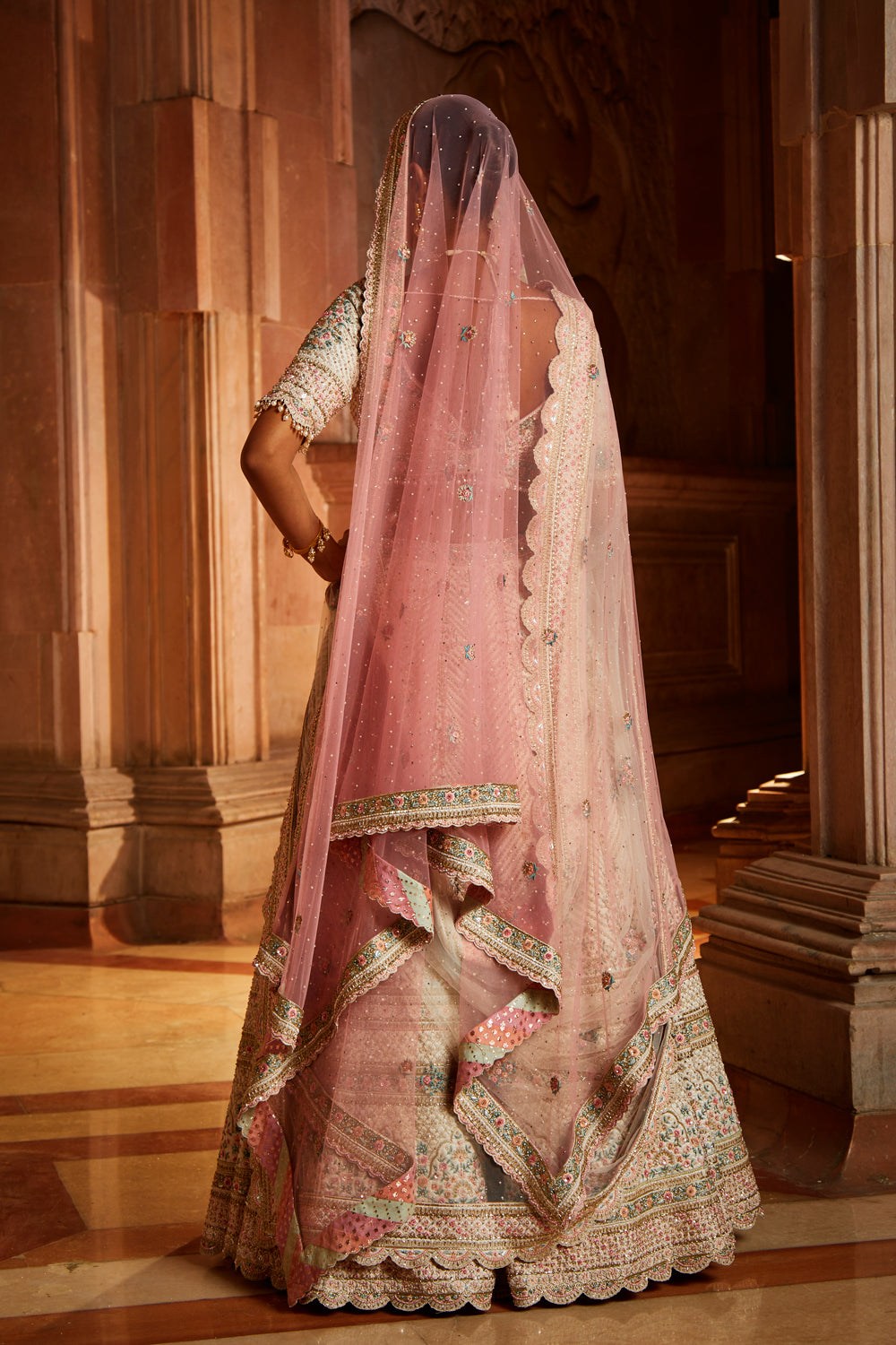 Ivory Tafetta Lehenga Choli Set with Two Tulle Dupattas