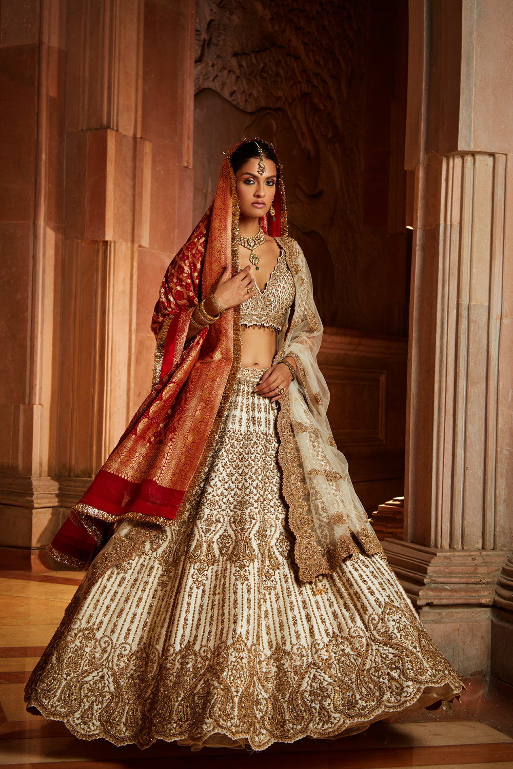 Ivory Tafetta Lehenga Choli Set with a Tulle Dupatta and Optional Bandhej Second Dupatta
