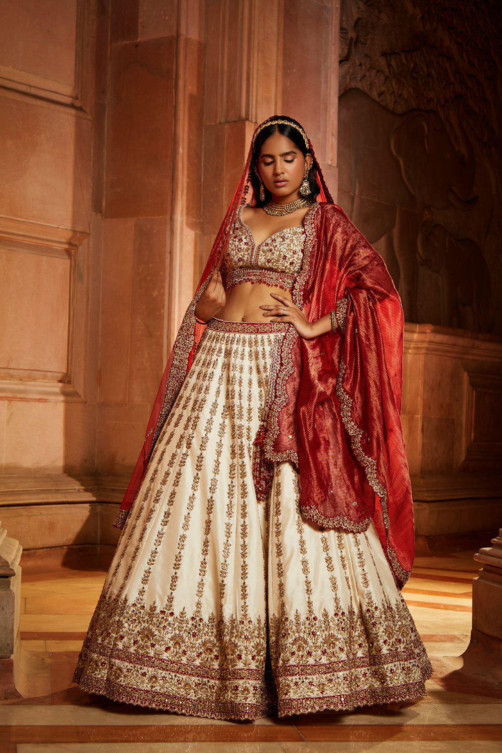 Ivory Taffeta  Bridal Lehenga Choli Set with Red Dupatta