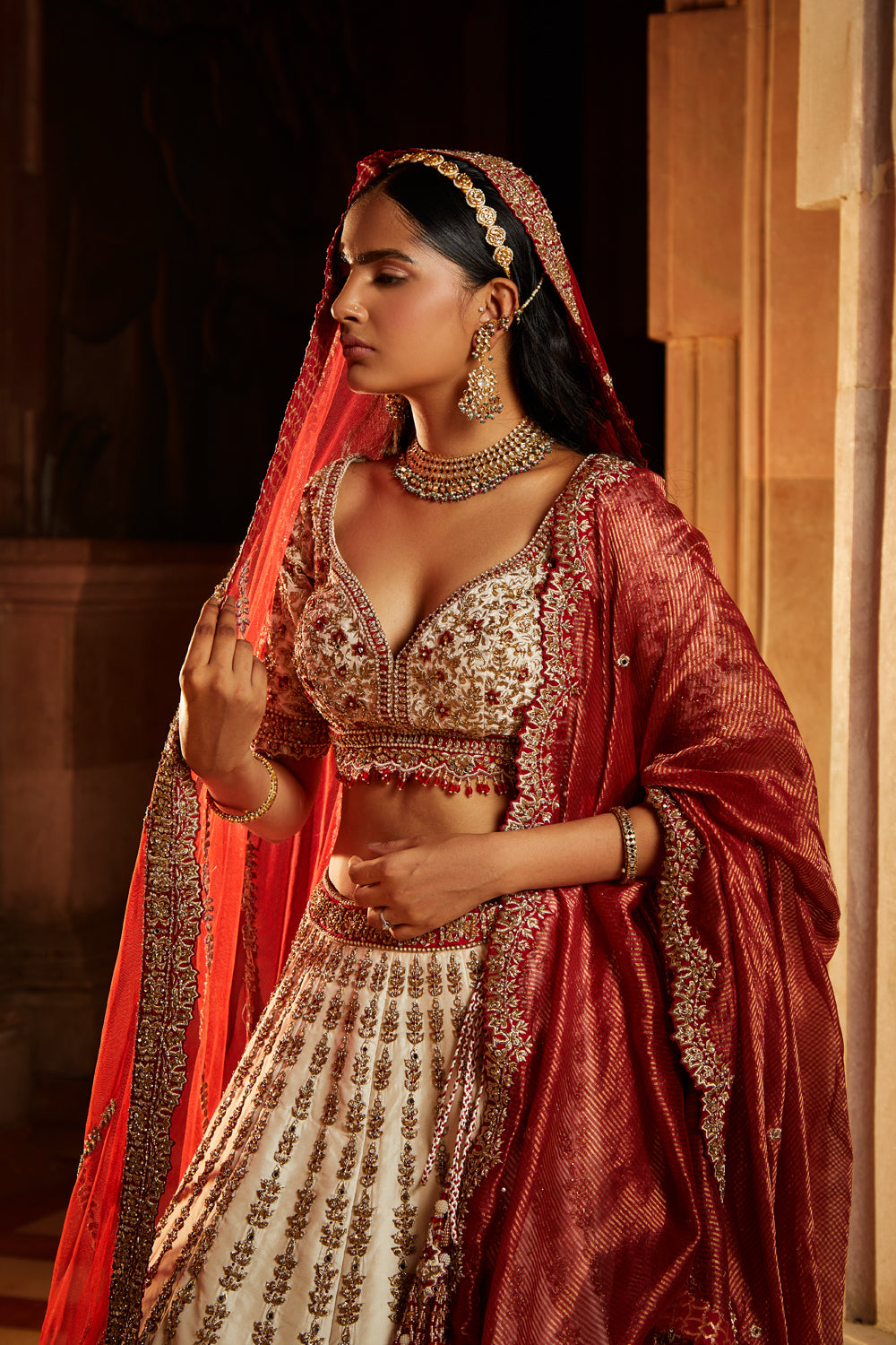 Ivory Taffeta  Bridal Lehenga Choli Set with Red Dupatta