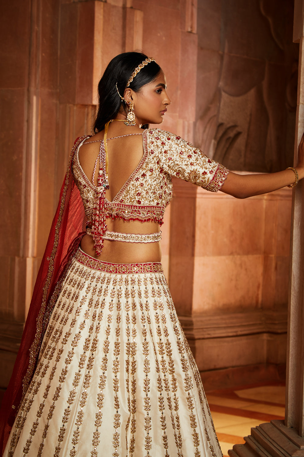 Ivory Taffeta  Bridal Lehenga Choli Set with Red Dupatta
