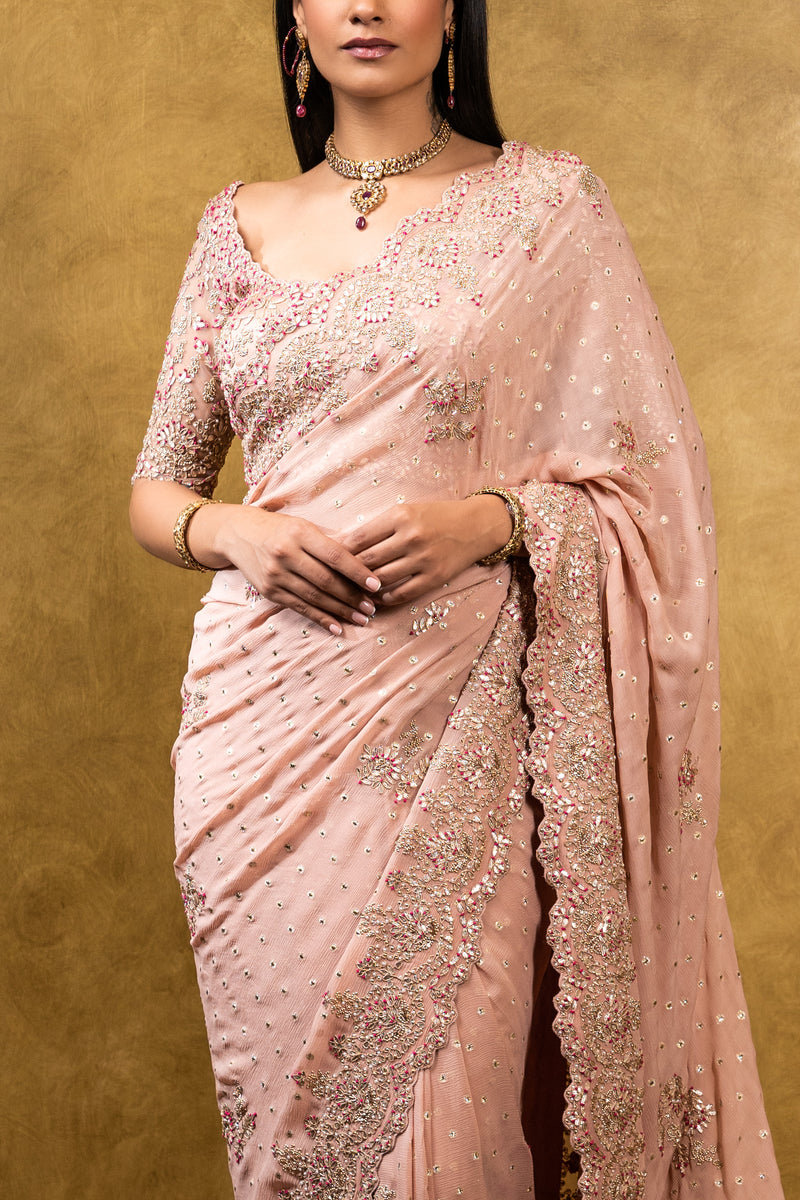 Trendy Light Pink- Pink Chiffon- Jacquard Chiffon Saree with Dark Blue  Blouse