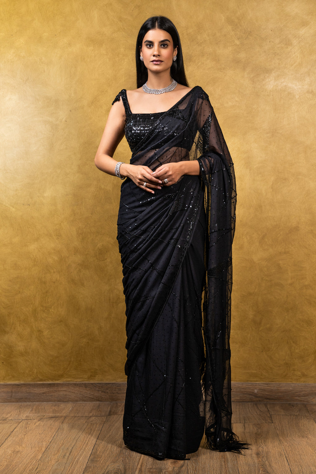 Amoha Trendz 101009-D Black Full Stitched Fancy Imported Saree