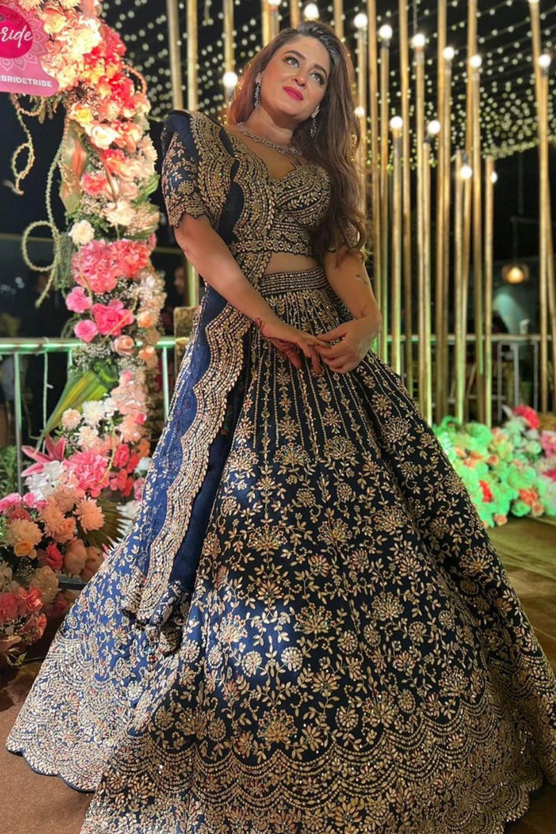 Mahhi Vij in Midnight Blue Taffeta Lehenga Gota Work