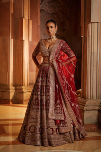 Maroon Raw Silk Lehenga Choli and Worked Belt with Tulle Dupatta