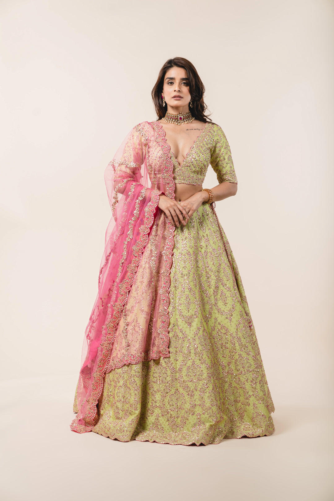 Lime Green Tafetta Lehenga Choli Set