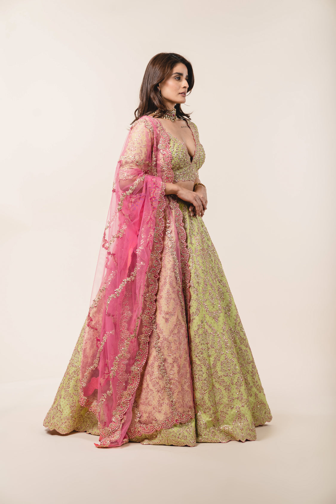 Lime Green Tafetta Lehenga Choli Set