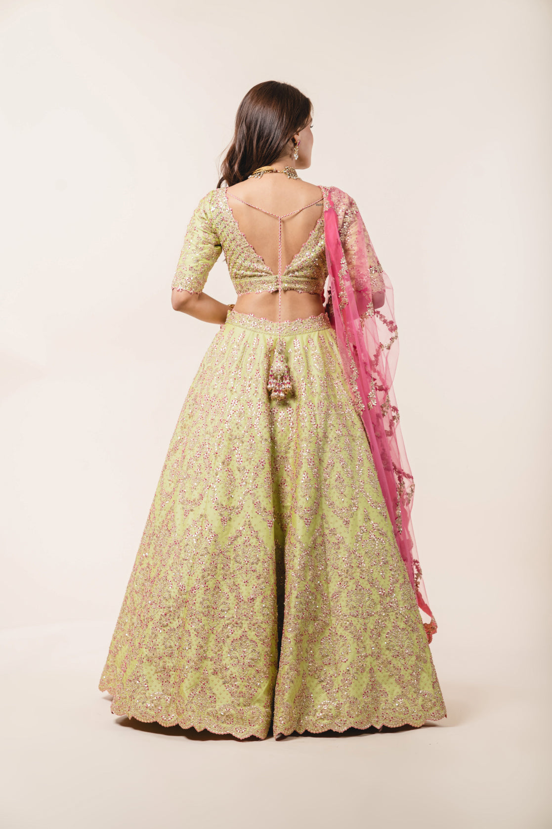 Lime Green Tafetta Lehenga Choli Set
