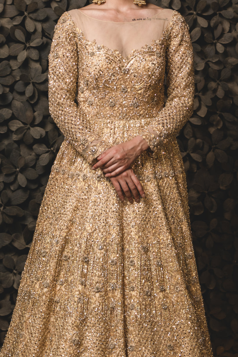 Gold Tulle Gown With Dupatta