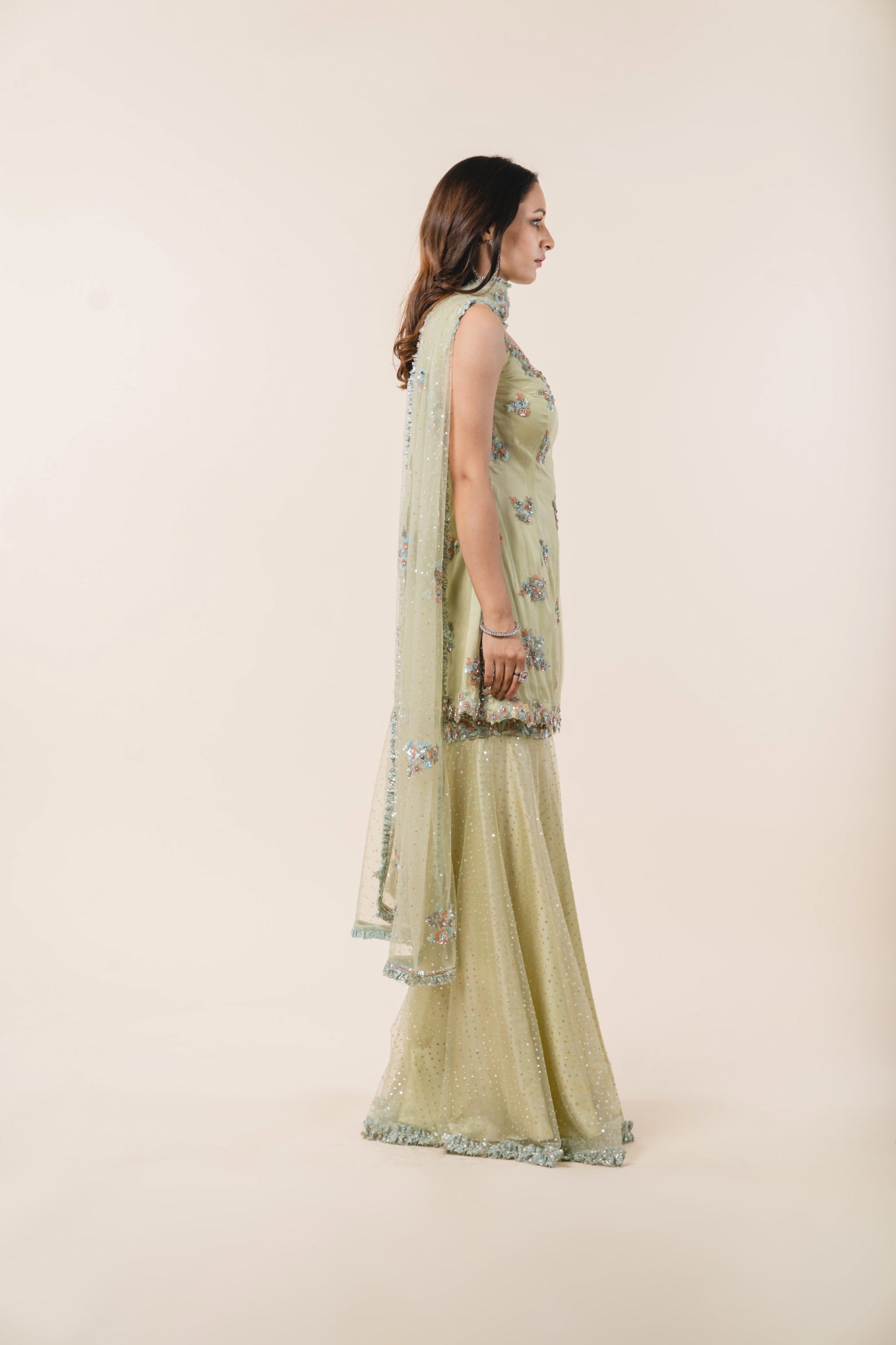 Light Olive Green Tulle Shirt Garara Set