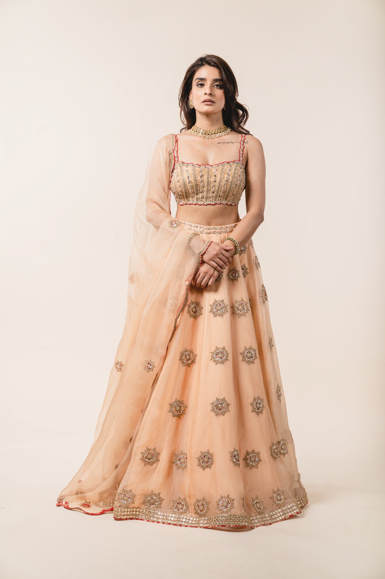 Peach Organza Lehenga Choli Set