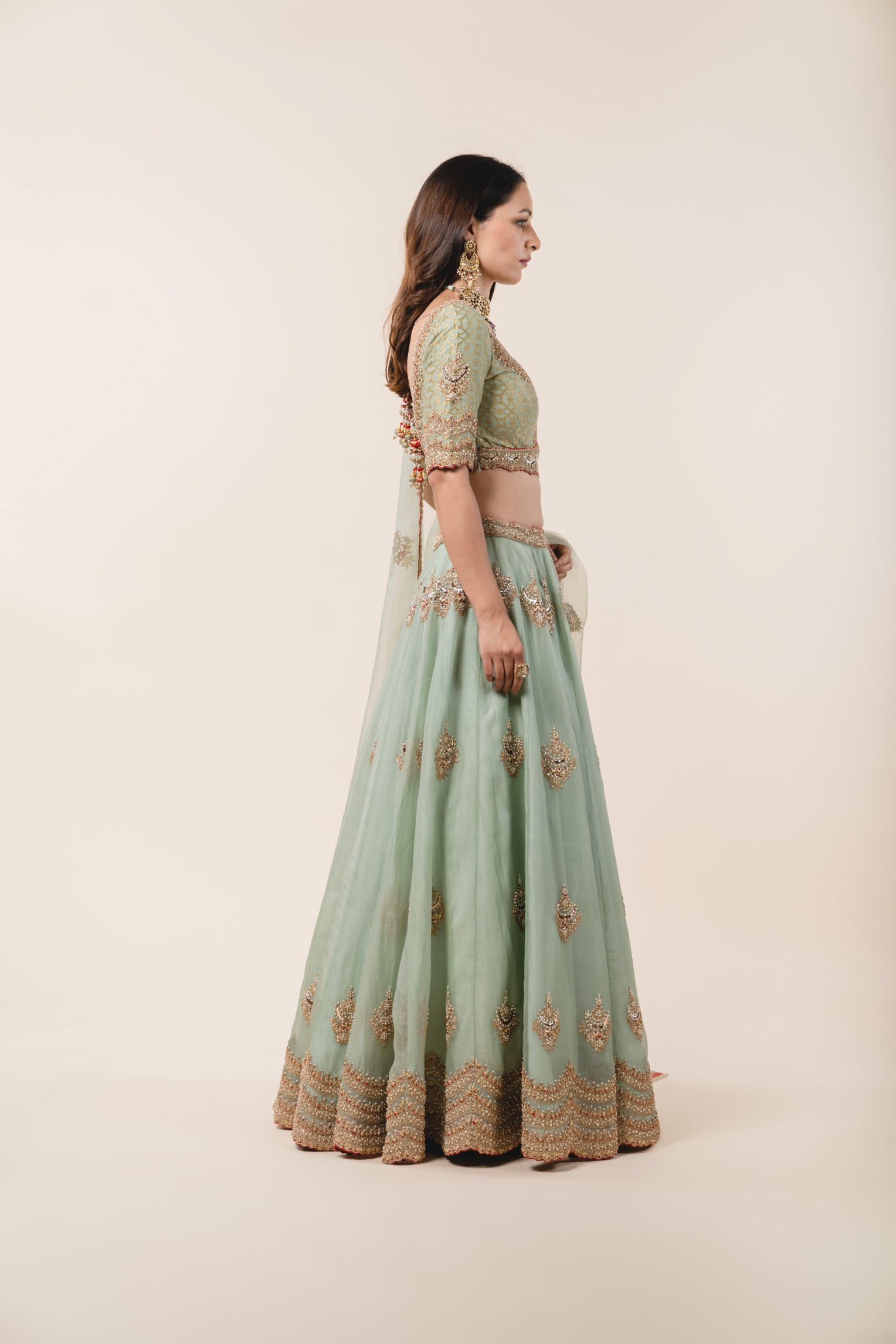 Jade Green Organza Lehenga & Benarsi Blouse Set