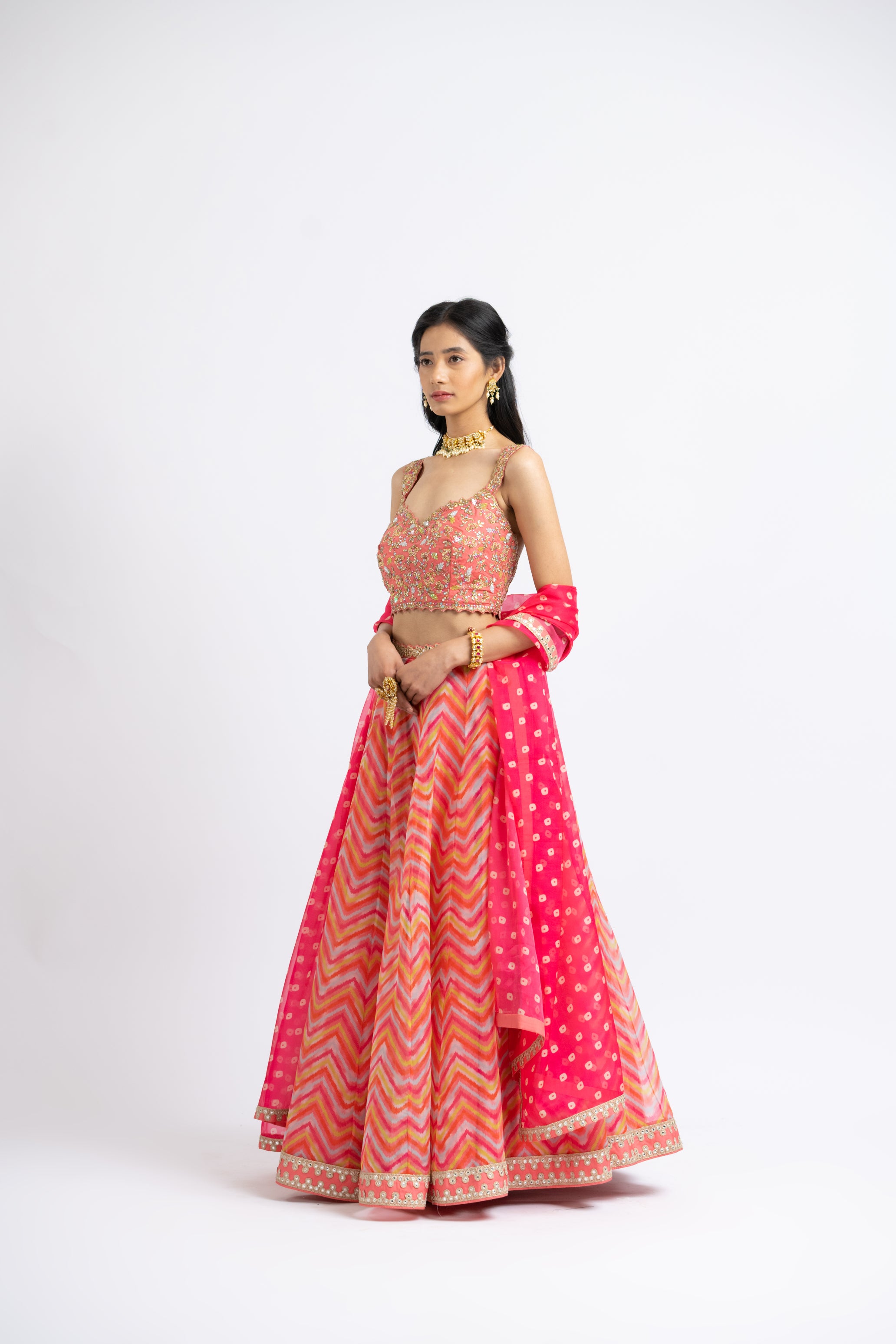 Coral Organza Printed Lehenga Choli Set