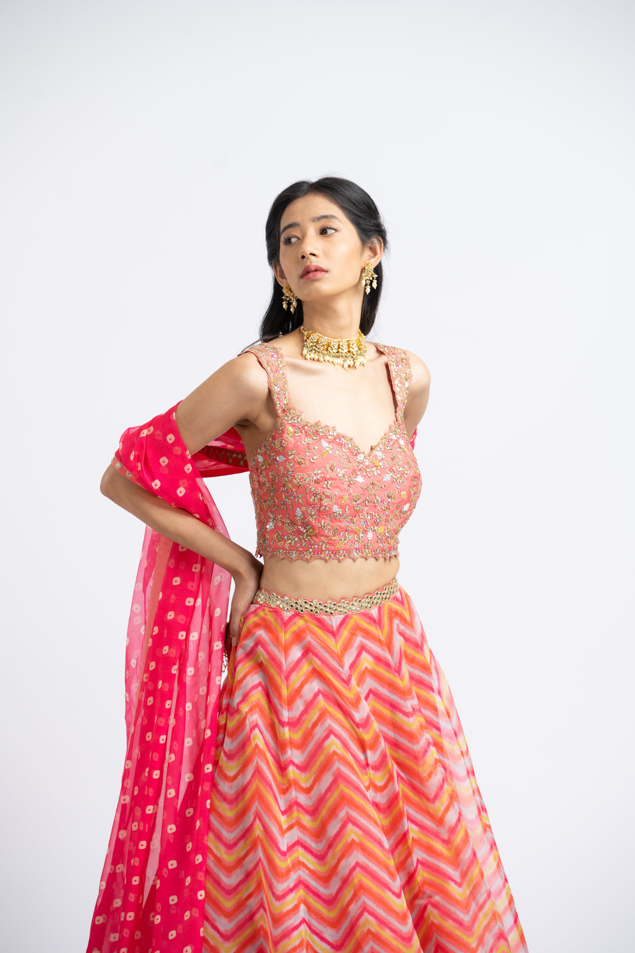 Coral Organza Printed Lehenga Choli Set