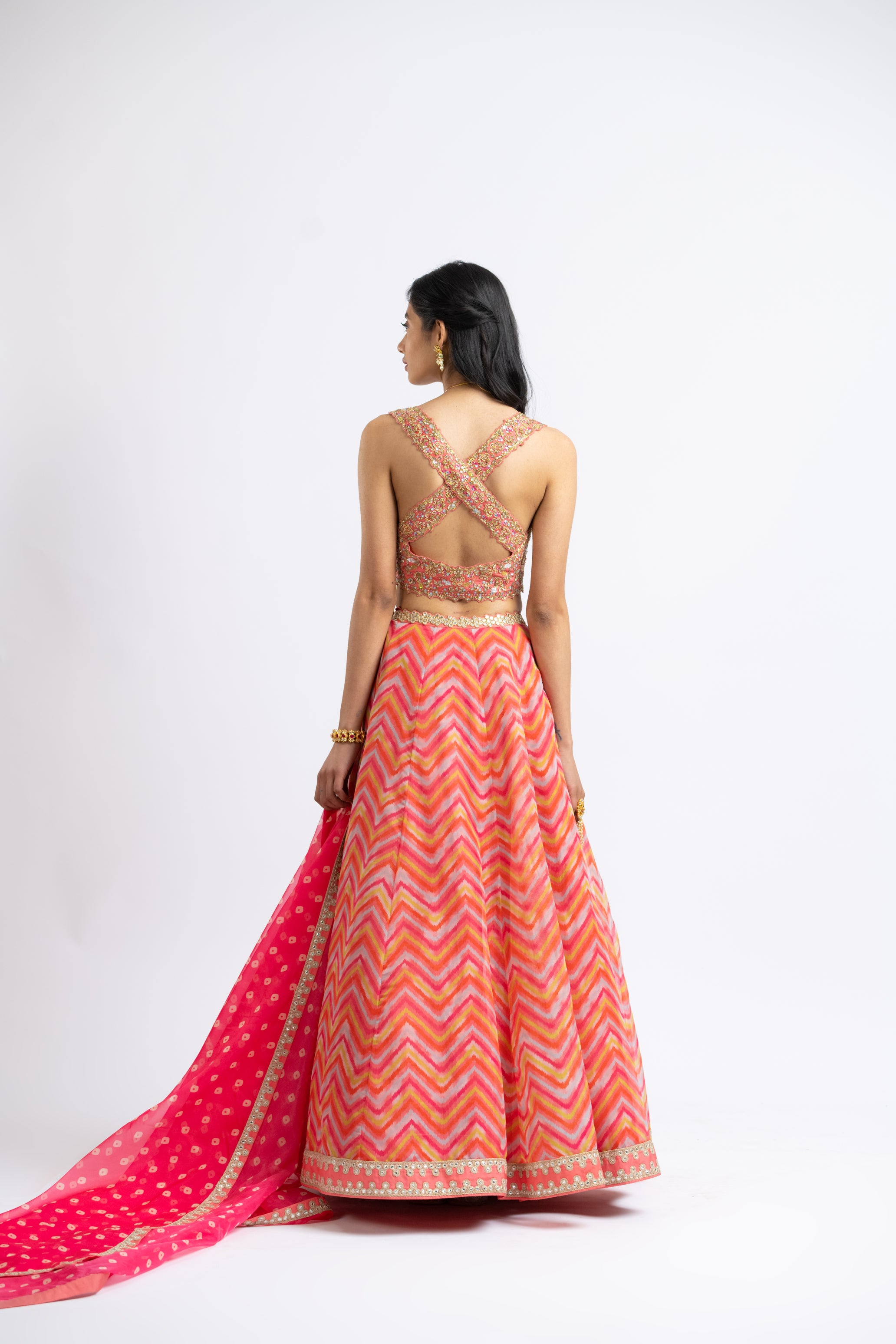 Coral Organza Printed Lehenga Choli Set