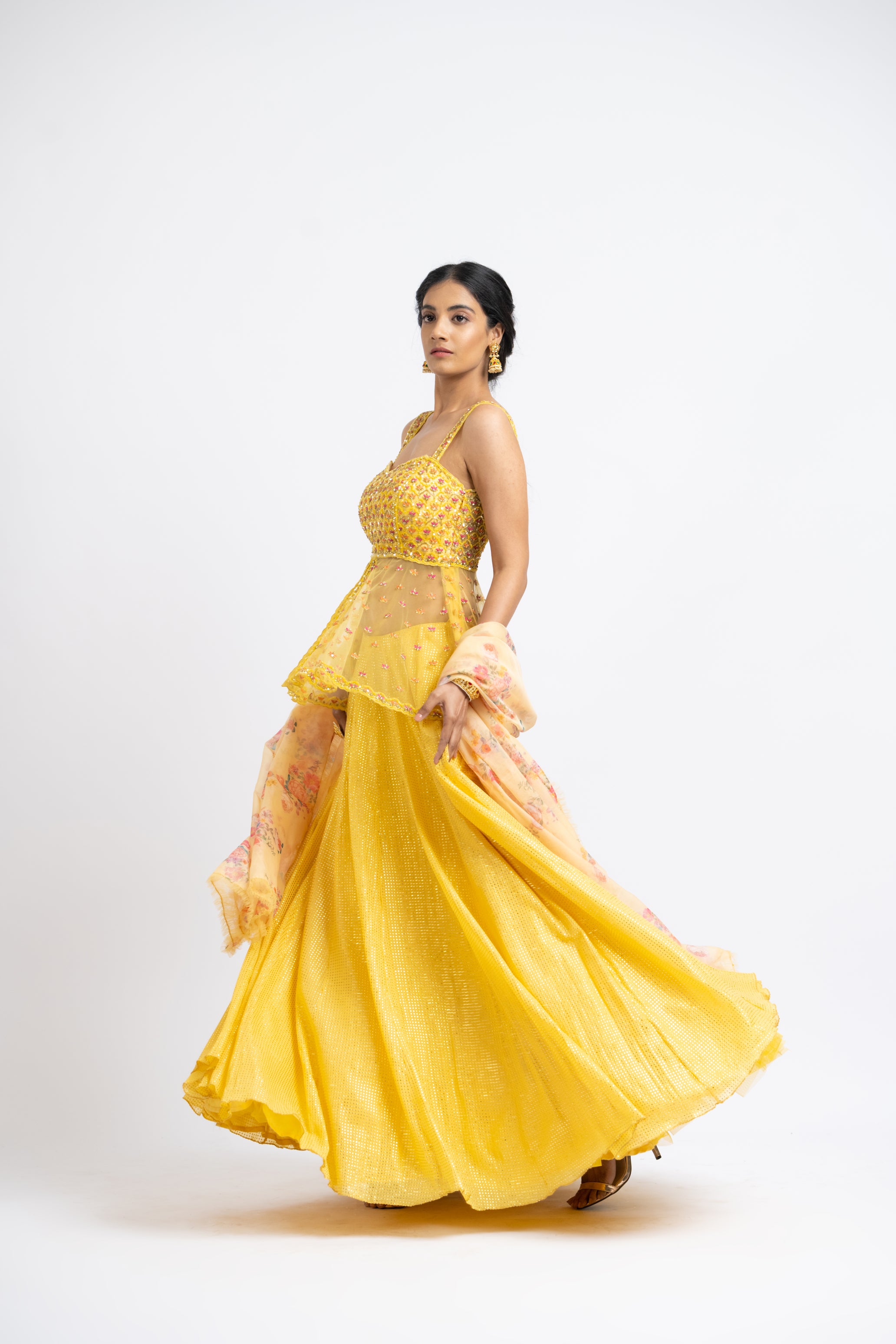 Bright Yellow Net Peplum With Georgette Mokaish Lehenga And Printed Dupatta