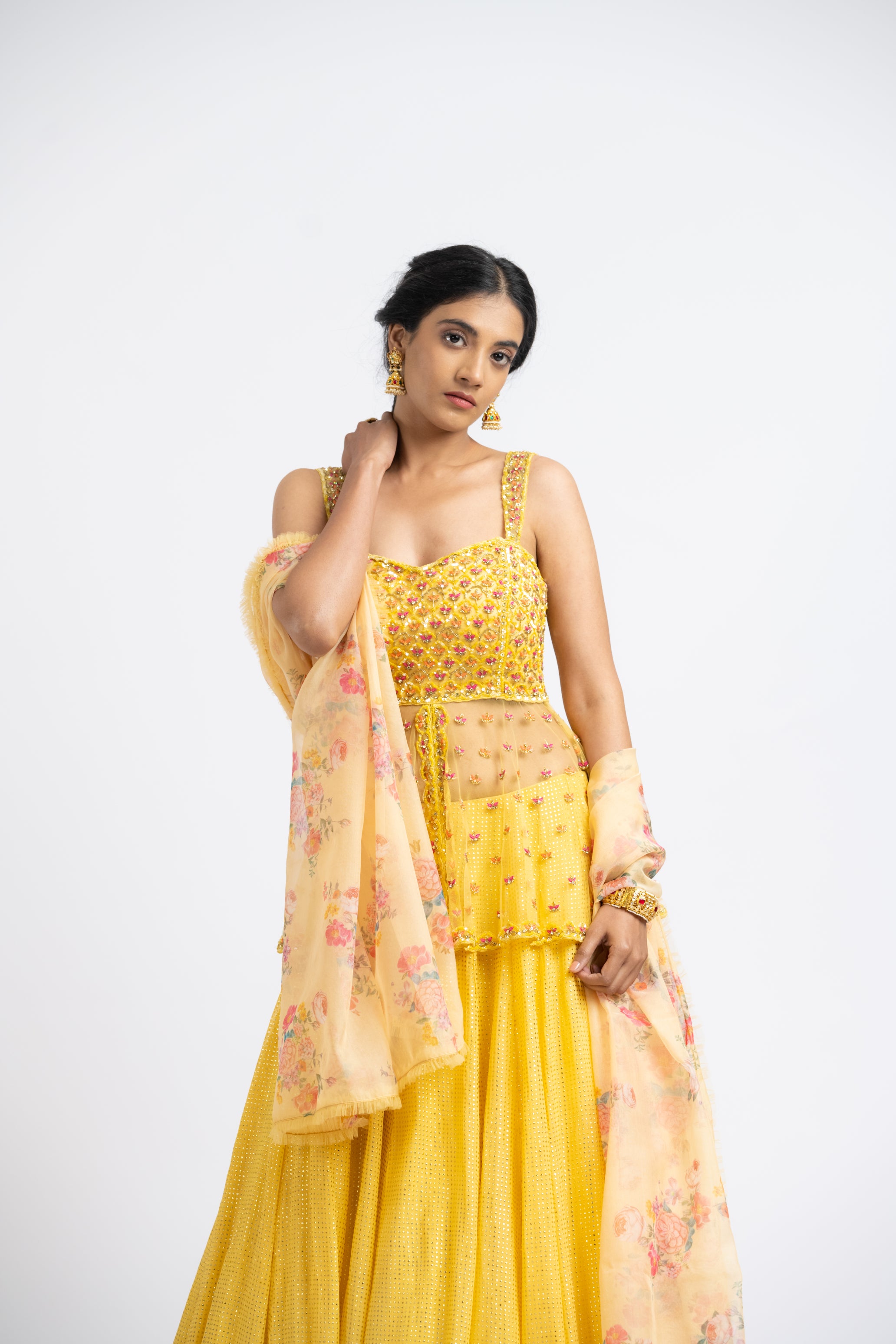Bright Yellow Net Peplum With Georgette Mokaish Lehenga And Printed Dupatta