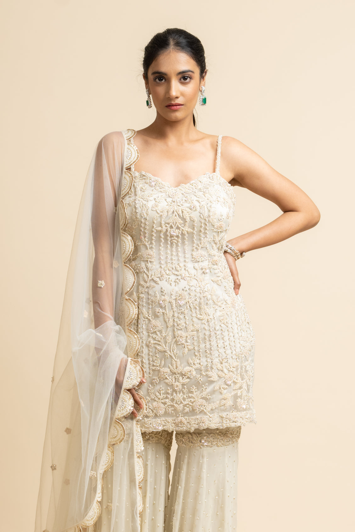 Ivory Tulle Kurta And Dupatta With Georgette Garara Set