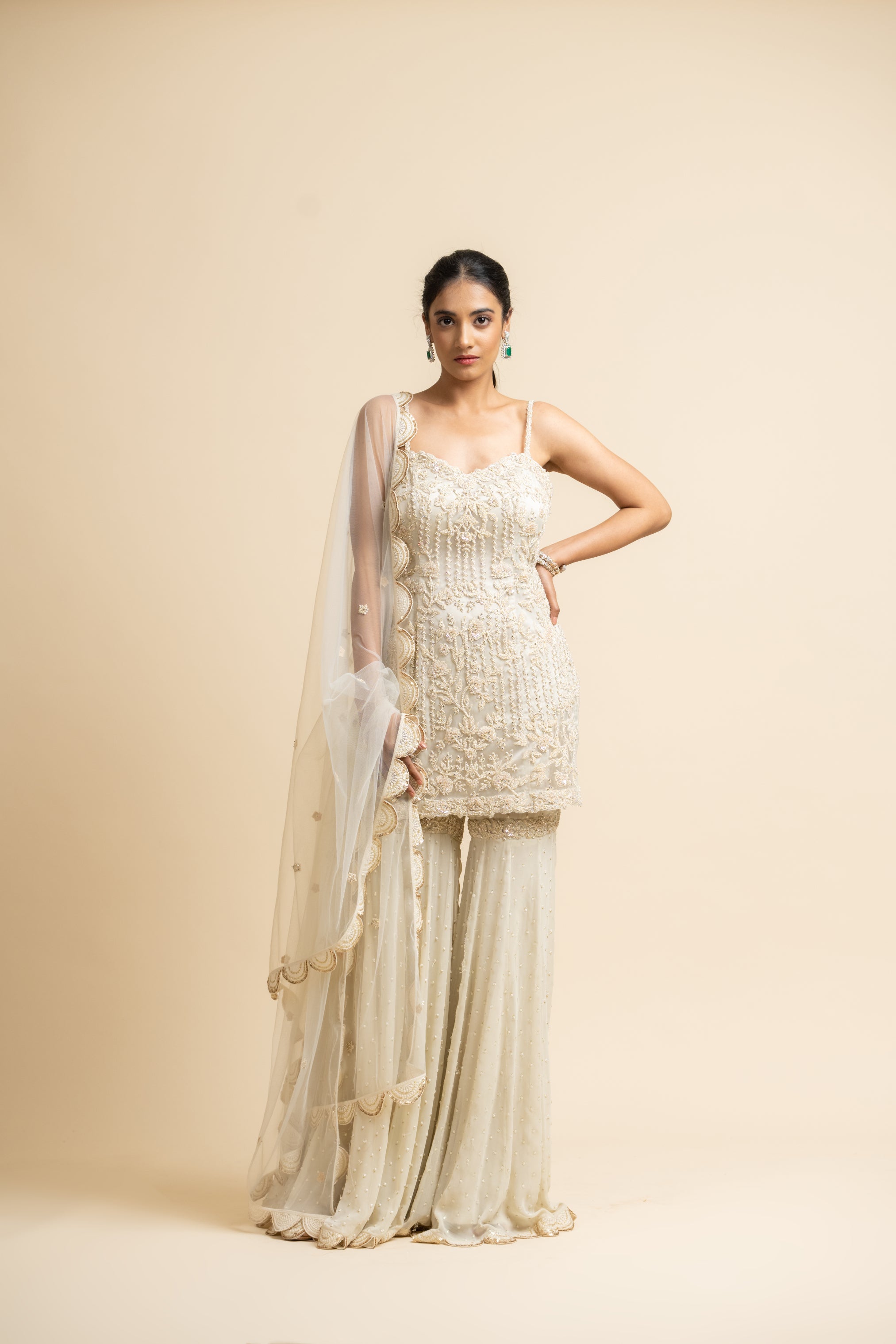 Ivory Tulle Kurta And Dupatta With Georgette Garara Set
