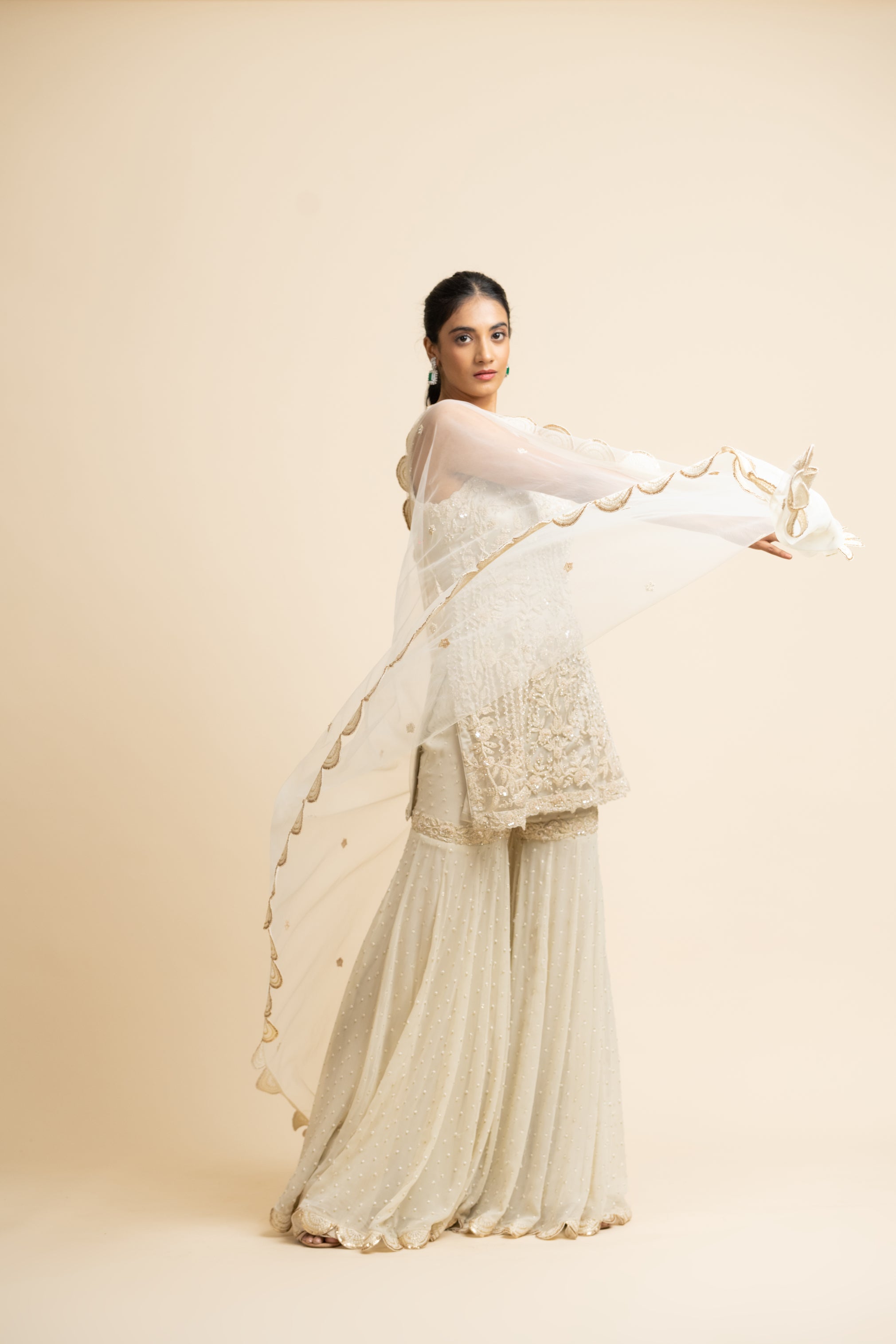 Ivory Tulle Kurta And Dupatta With Georgette Garara Set