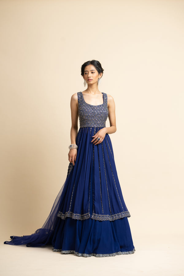 Midnight Blue Georgette Kalidar Jacket Lehenga Set