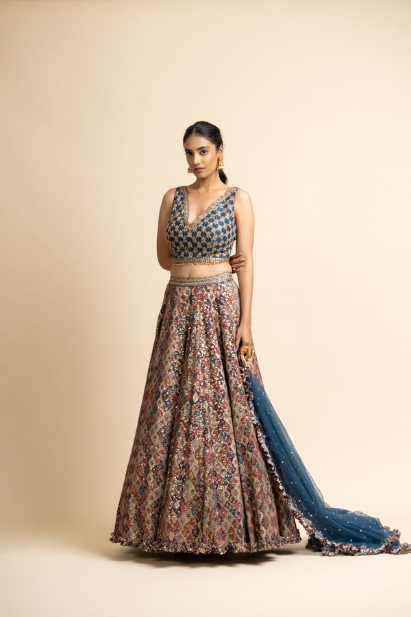 Peacock Blue Printed Lehenga Choli Set