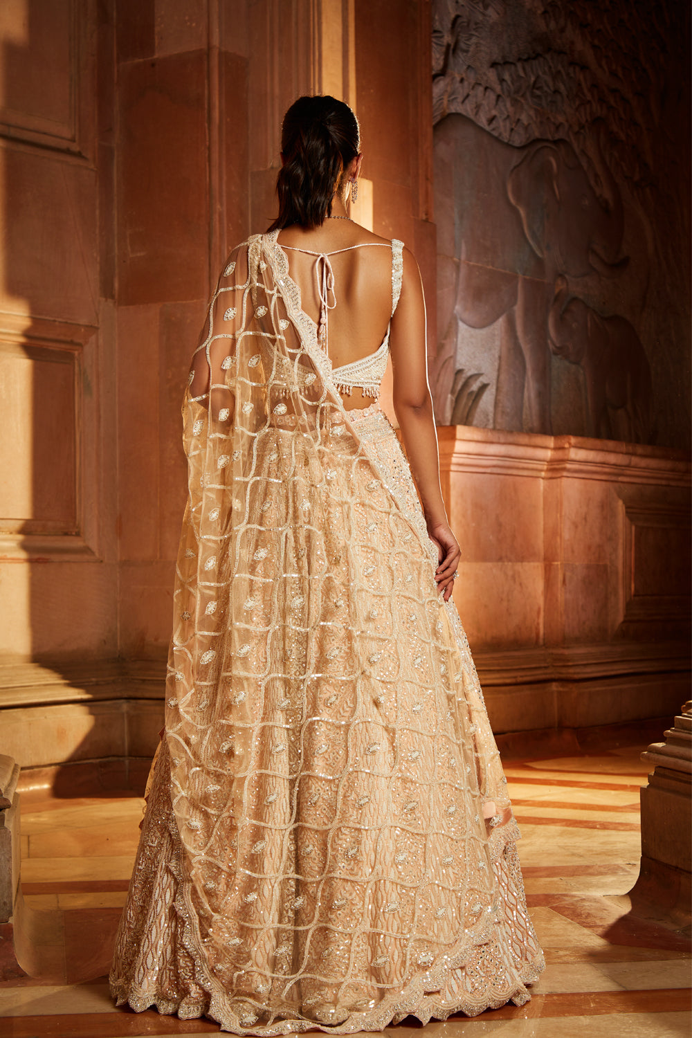 Nude Pink Tulle Lehenga Choli Dupatta Set with Worked Belt