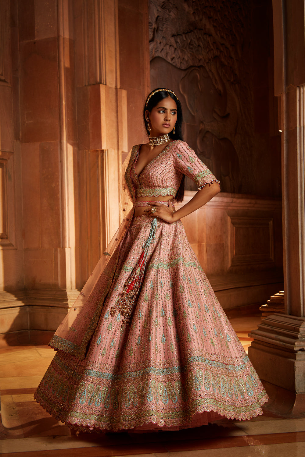 PEACH TAFETTA SILK LEHENGA CHOLI SET WITH A TULLE DUPATTA
