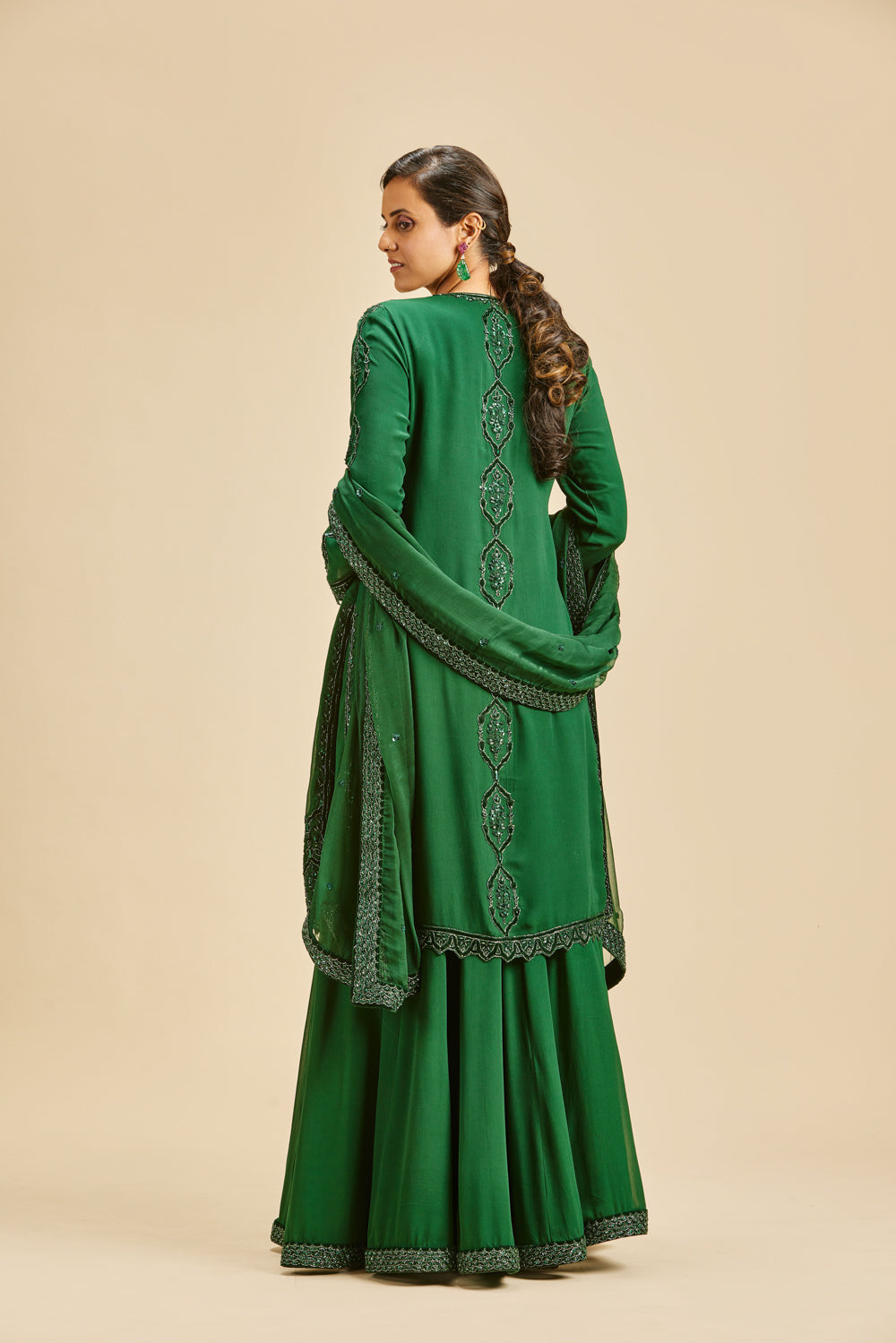 Bottle Green Velvet Applique Sharara Set