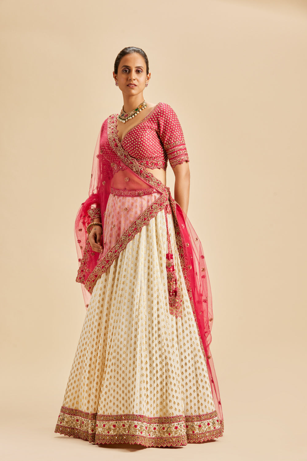 Ivory Banarsi Booti Lehenga With Fuschia Choli And Dupatta Set