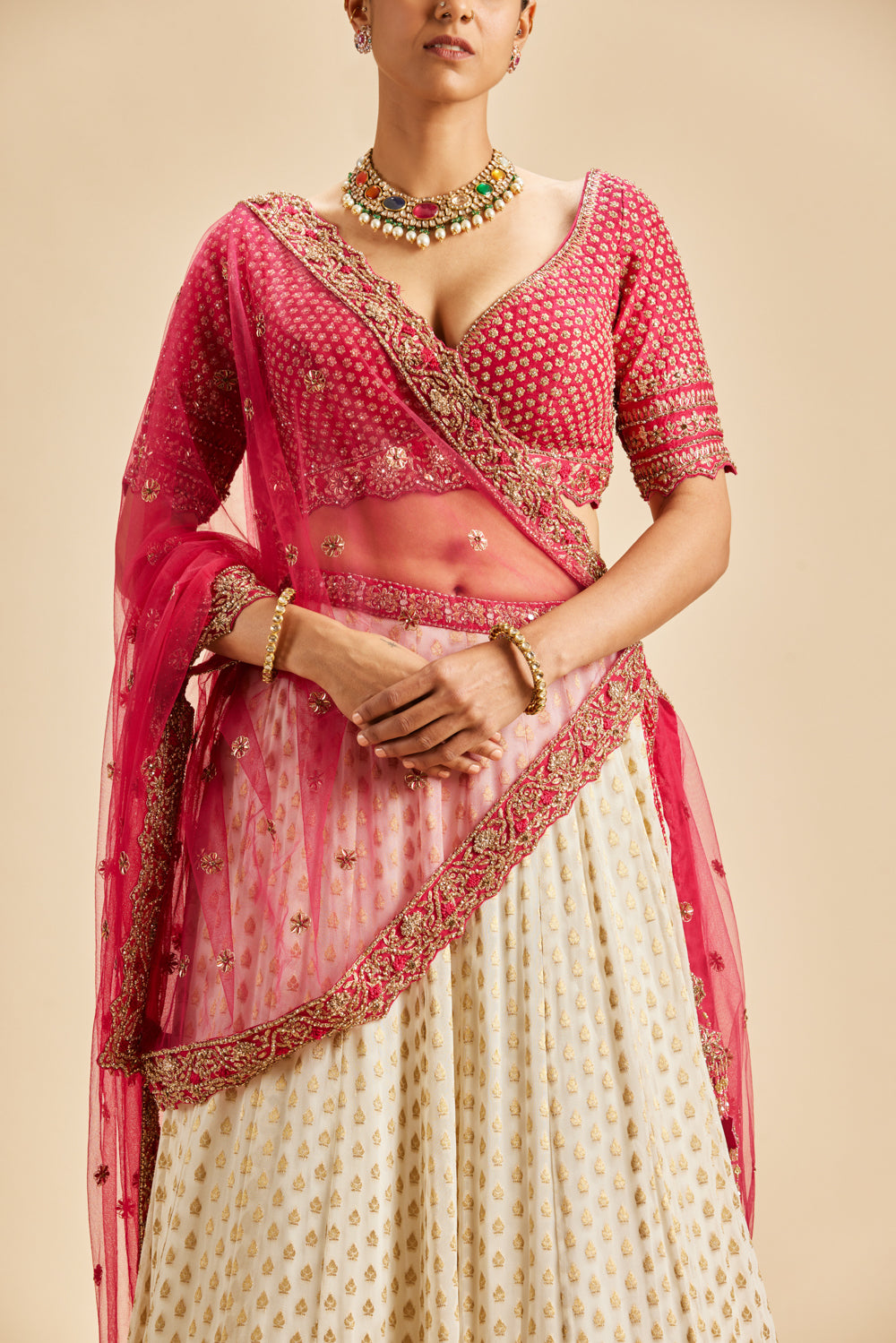 Ivory Banarsi Booti Lehenga With Fuschia Choli And Dupatta Set