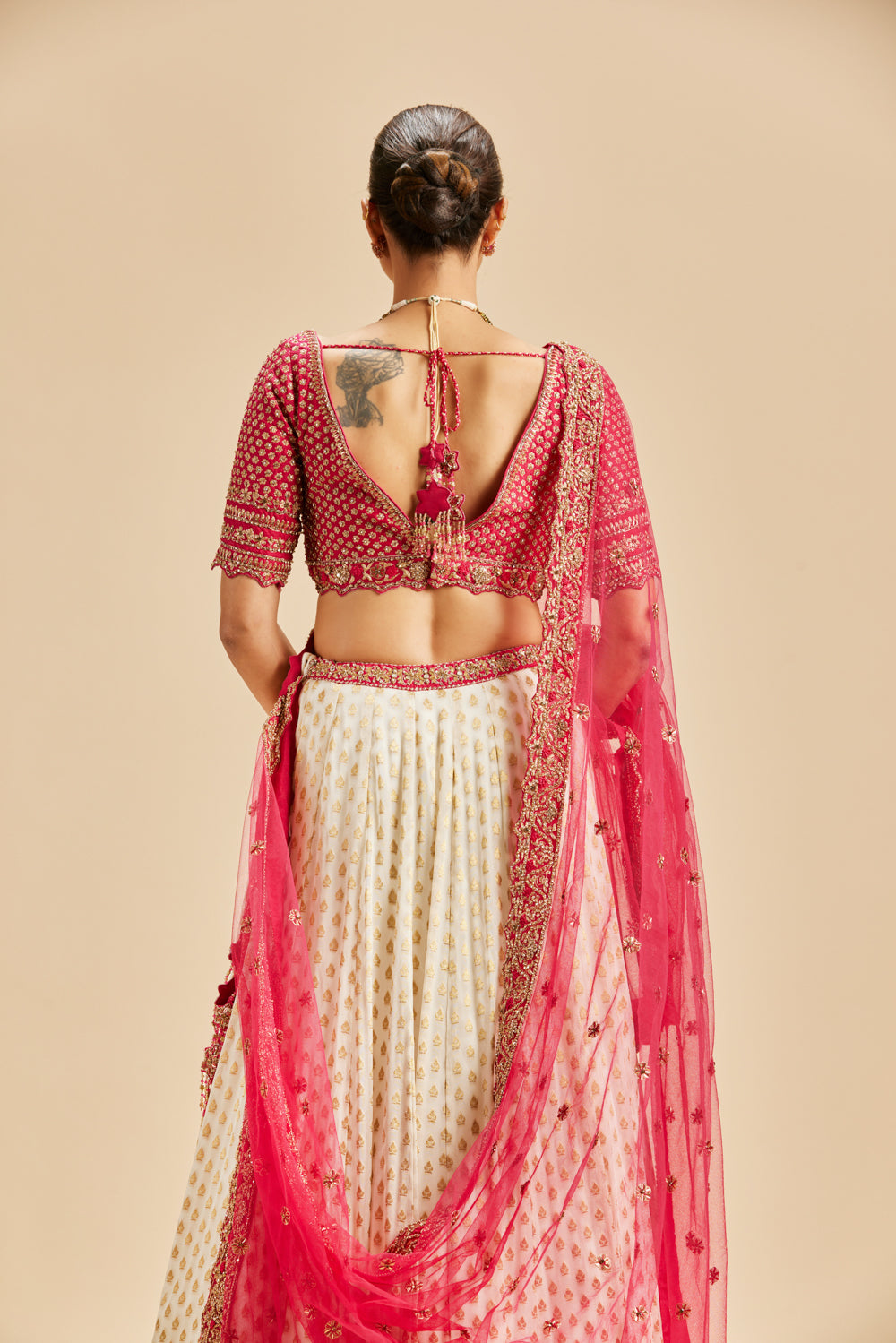 Ivory Banarsi Booti Lehenga With Fuschia Choli And Dupatta Set