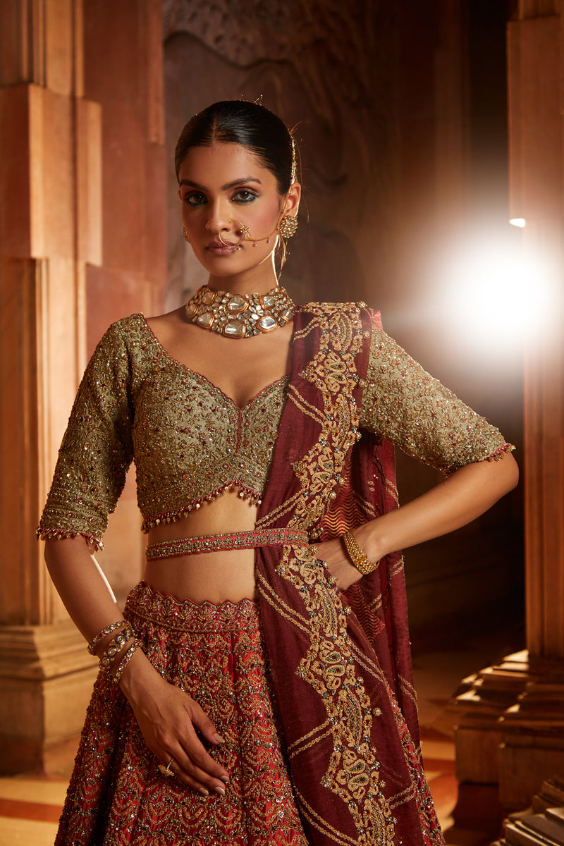 Rust Tafetta Lehenga with Olive Choli, Maroon Tissue Dupatta and