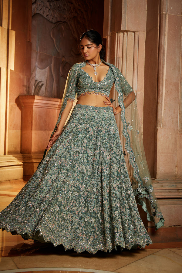 Sage Green Tulle Lehenga Choli Set