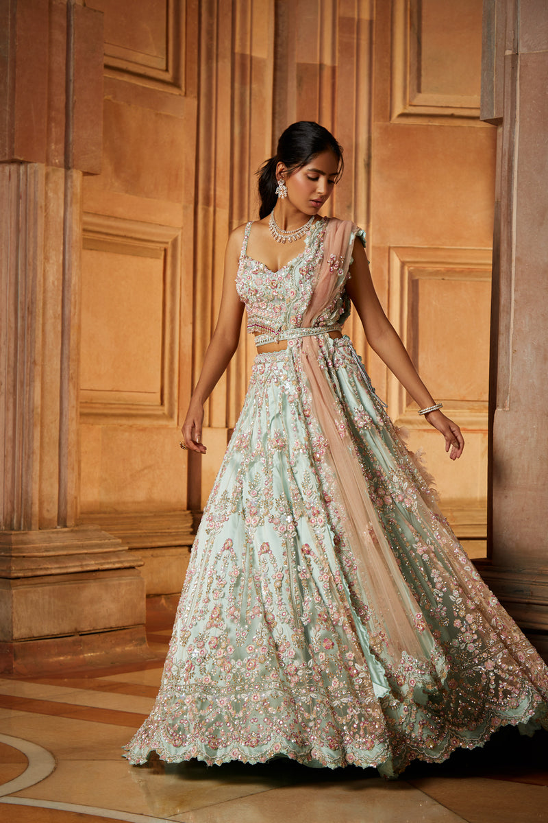 pink and sage green dress Soft Sage Green Tulle Lehenga Choli and Belt with a Blush Pink Dupatta