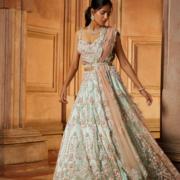 Photo of All over embroidered lehenga with waist belt | Indian bridal wear,  Indian wedding sari, Shimmery dress