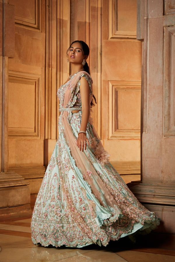 Soft Sage Green Tulle Lehenga Choli and Belt with a Blush Pink Dupatta