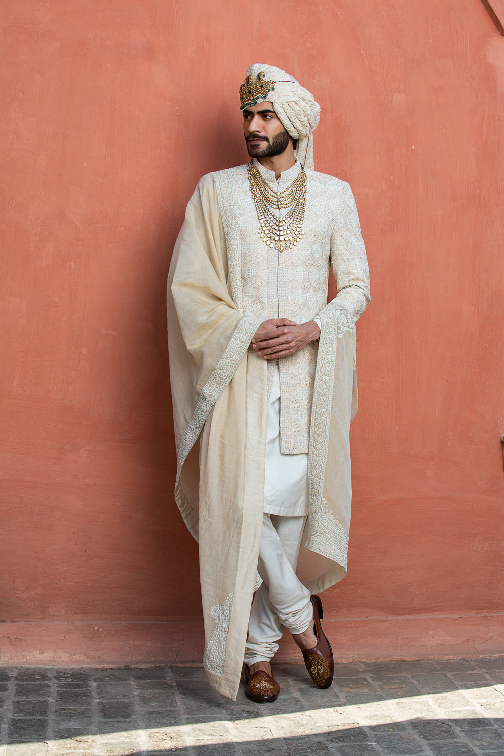 Beige Monga Embroidered Achkan with Kurta and Churidar