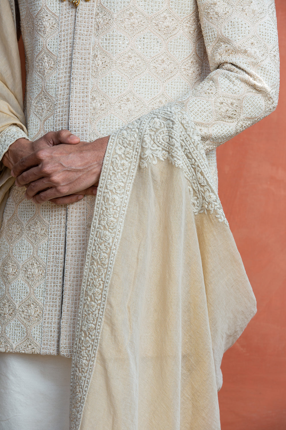 Beige Monga Embroidered Achkan with Kurta and Churidar