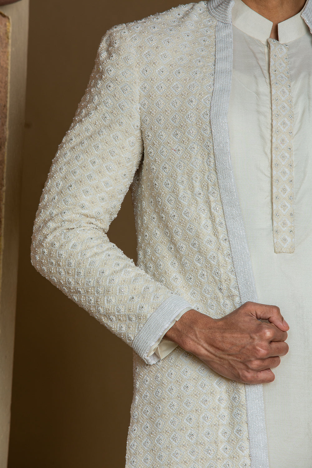 Ivory Embroidered Long Jacket with Kurta and Salwar