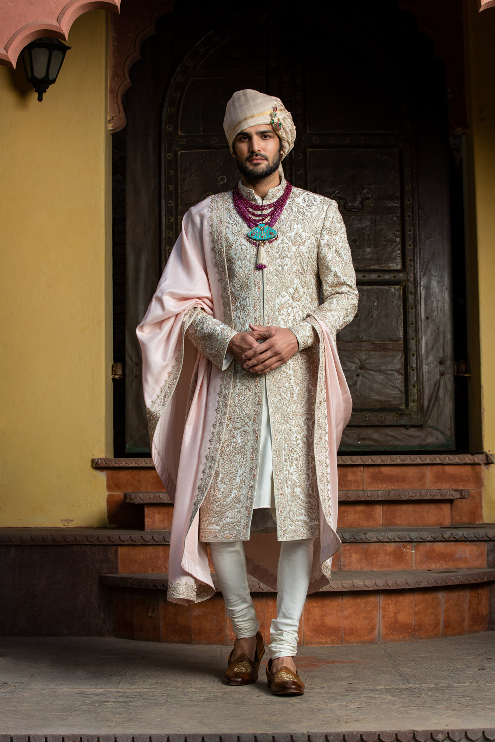 Ivory Taffeta Achkan all over Embroidered with Monga Kurta and Churidar