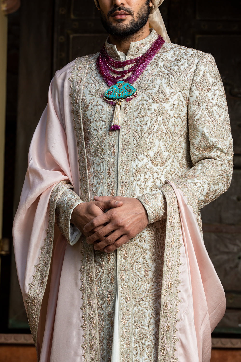 Ivory Taffeta Achkan all over Embroidered with Monga Kurta and Churidar