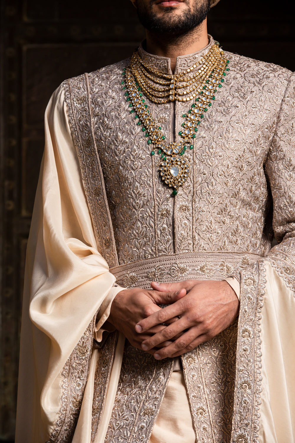 Coffee Raw Silk Achkan with Belt and Monga Churidar