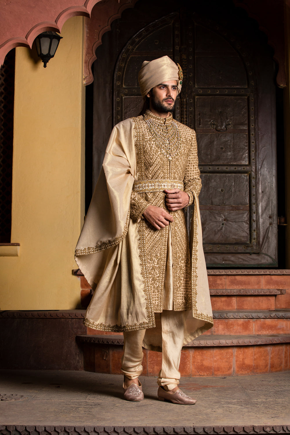Gold Raw Silk Antique Embroidered Achkan with Belt and Kurta Churidar