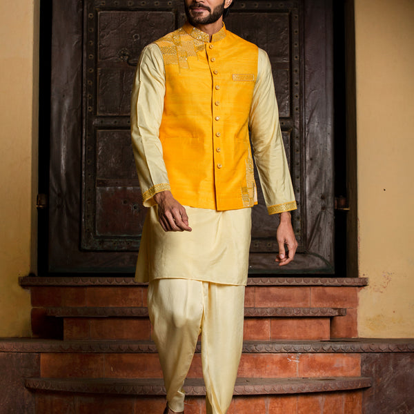 Buy Vibrant Yellow Silk Jacket Kurta Set For Men Kalki Fashion India