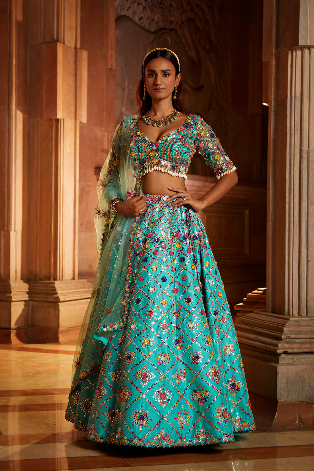 Vibrant Aqua Tafetta Lehenga Choli with Tulle Dupatta