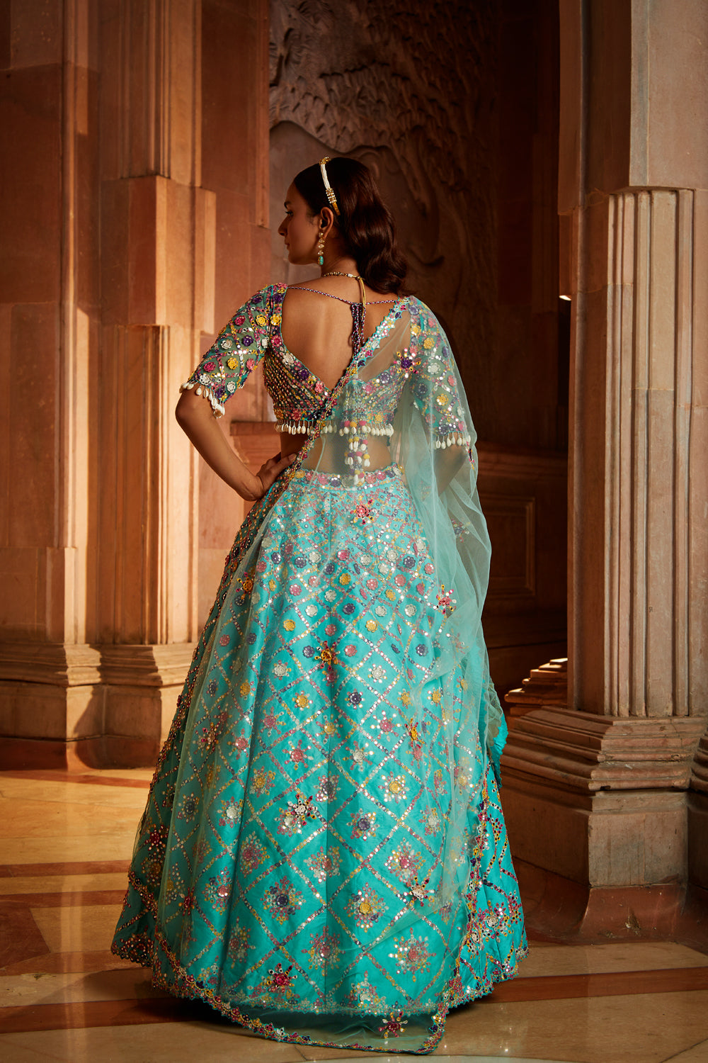 Vibrant Aqua Tafetta Lehenga Choli with Tulle Dupatta