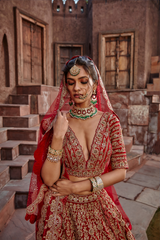 Blood Red Velvet Dori Lehenga Set