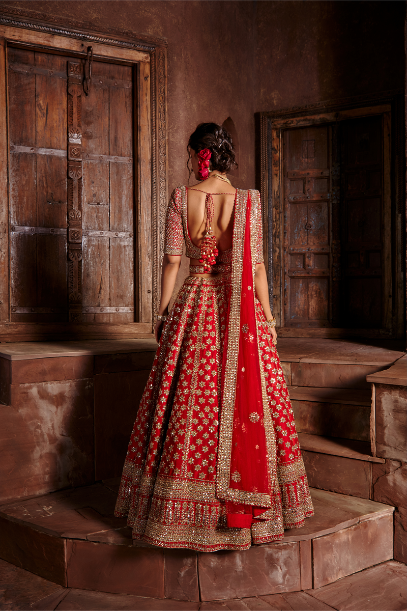 Red Raw Silk Lehenga Set